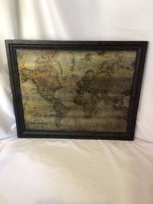 Vintage Brown/Gold Wood Framed World Map Framed Art