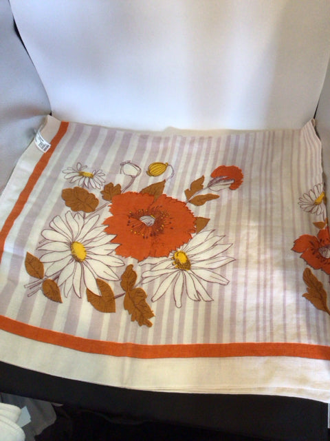 Vintage White/Orange Linen Floral Tablecloth