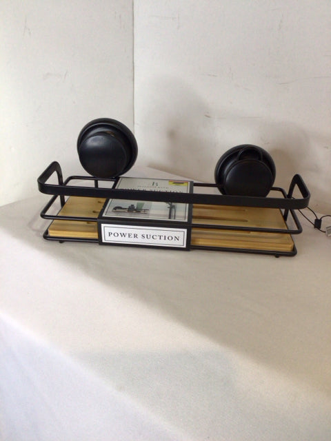Bathroom Black/Tan Metal/Wood Suction Shelf
