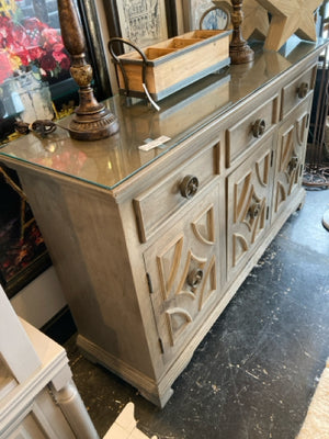 Wood 3 Doors Glass Top Greige Buffet/Sideboard