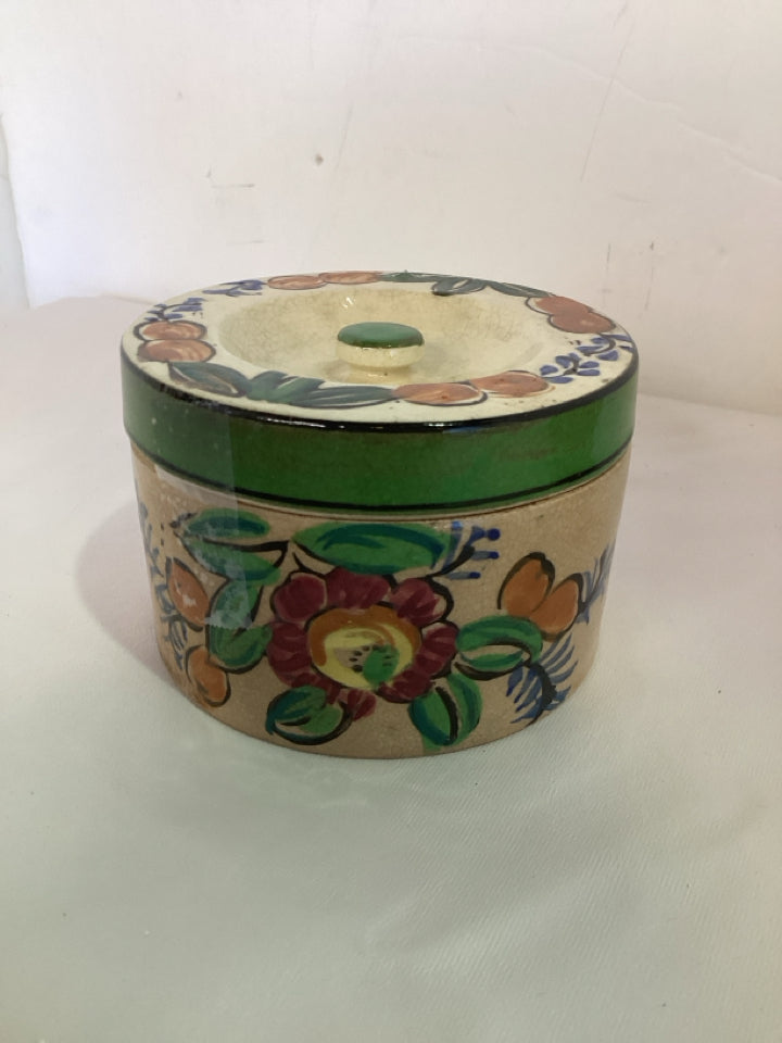 Hand Painted Green/Tan Porcelain Jar