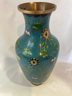 Vintage Chinese Blue/Multi Brass Cloisonne Vase