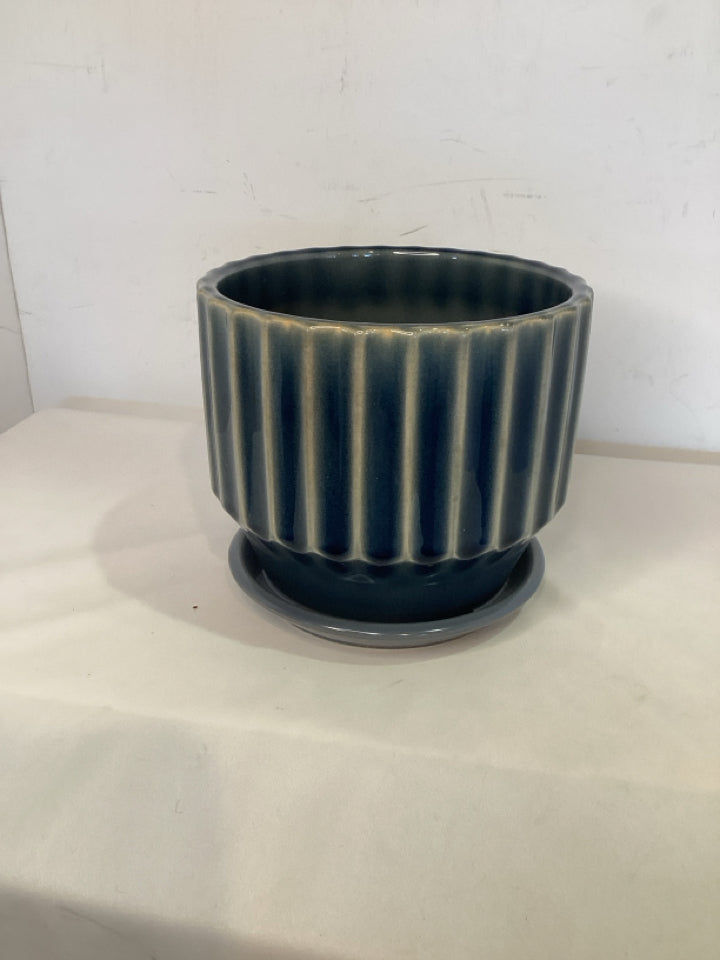 Blue Ceramic Ribbed Planter