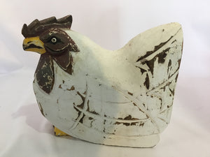 Folk Art White/Brown Wood Rooster Figurine