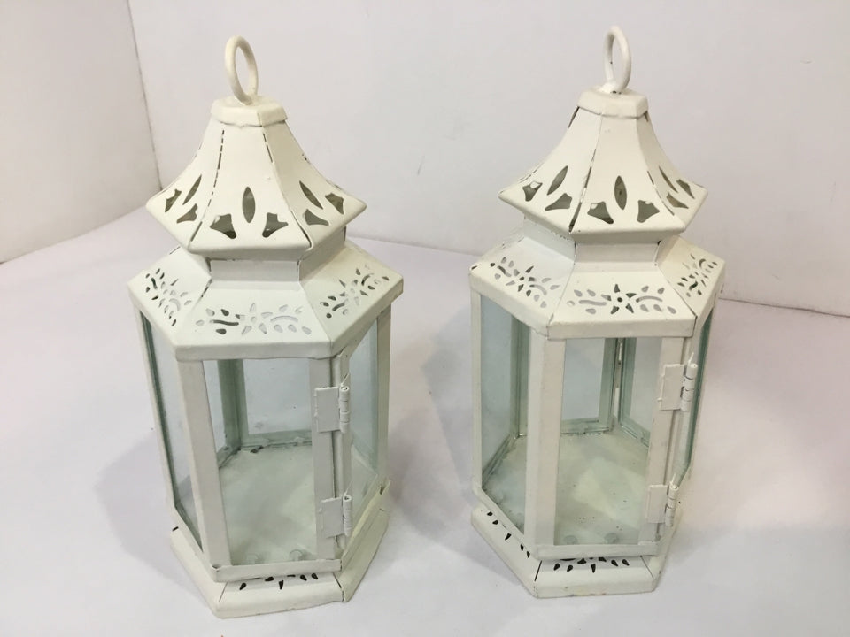 Pair White Metal Candle Holder Lantern