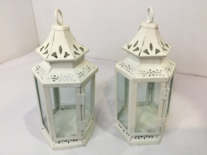 Pair White Metal Candle Holder Lantern
