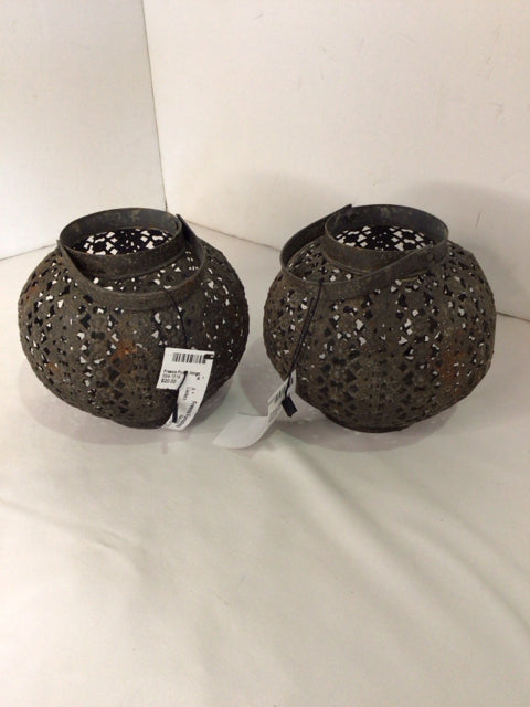 Vintage Pair Black Metal Candle Holder Lantern