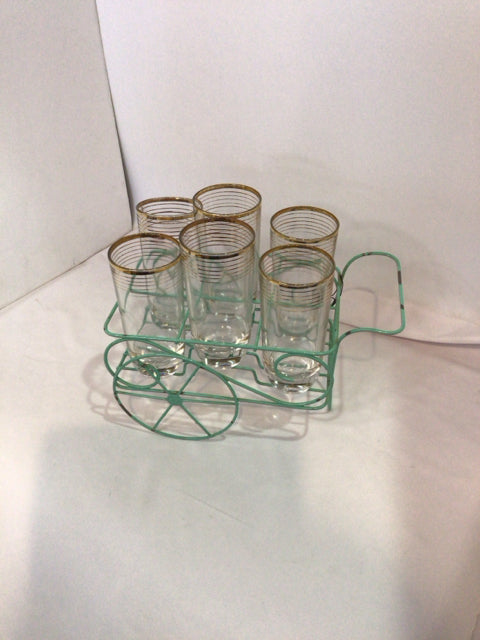 Retro Set of 6 Clear/Gold Glass/Metal In Basket Glasses