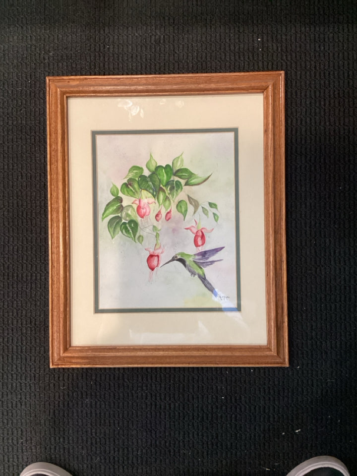 Signed Green/Pink Hummingbird Framed Art