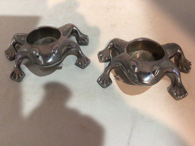 Restoration Hrd. Pair Silver Metal Frogs Candle Holders