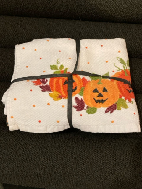 Halloween Orange/White Cotton Hand Towel Pair Holiday Item