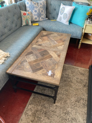 Pottery Barn Rustic Wood/Metal Parquet Brown Table