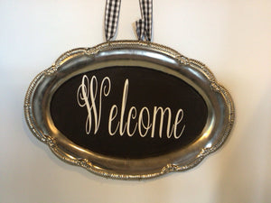 Tray Metal Welcome Silver/Black Wall Decoration