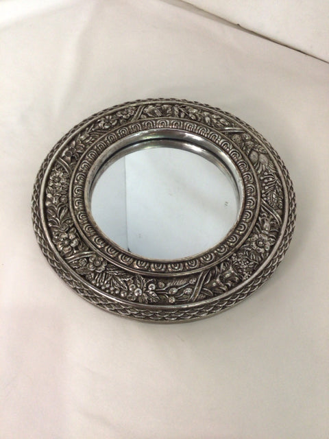 Silver Resin Round Floral Mirror