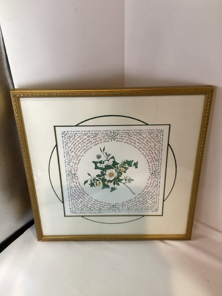 White/Gold Flower Words Framed Art