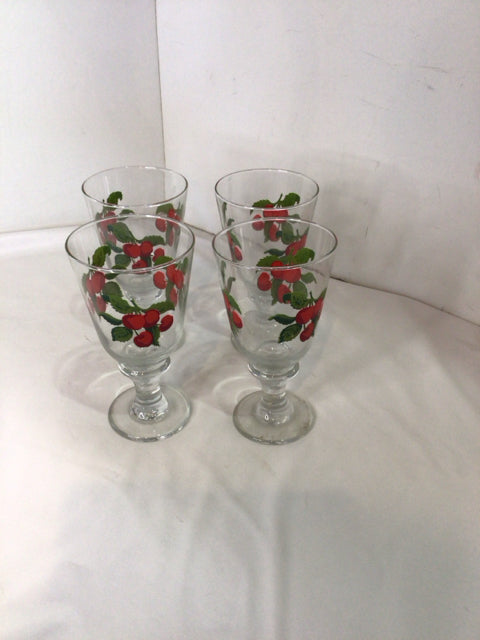 Set of 4 Clear/Red Glass Cherries Glasses