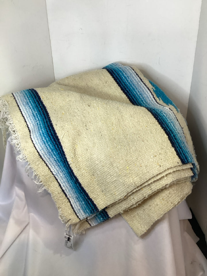 Cream/Blue Cotton Stripe Throw