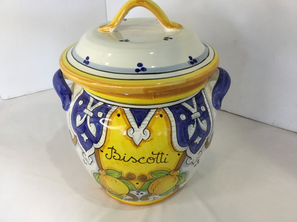 Lidded Blue/Yellow Ceramic Biscotti Jar