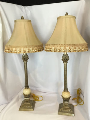 Vintage Pair Beige Metal Marble Pair Lamp Set