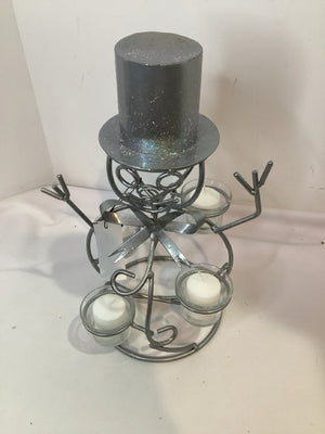 Candle Holder Silver Metal Snowman Holiday Item