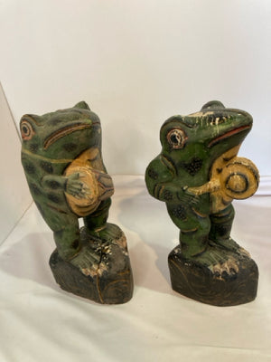 Garden Green Wood Frog Pair Statue