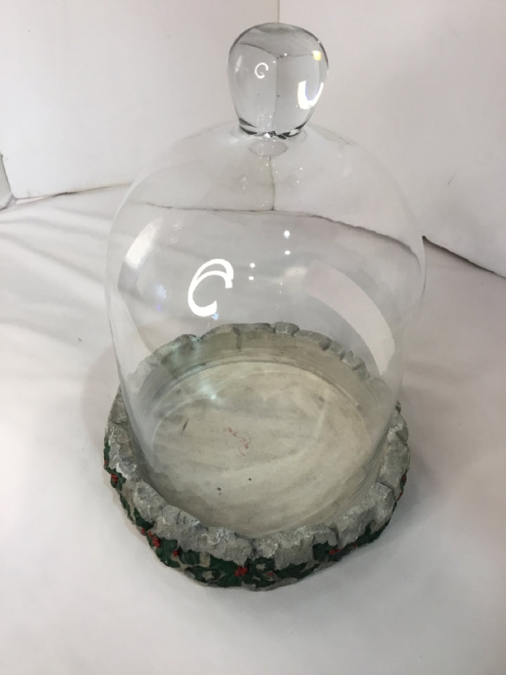 Cloche Green/Red Glass/Resin Holly 2 piece Holiday Item