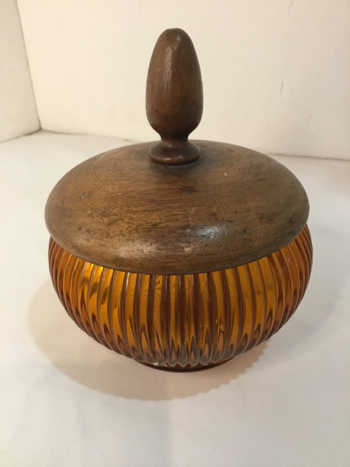 Mid-Century Amber Glass/Wood Bowl