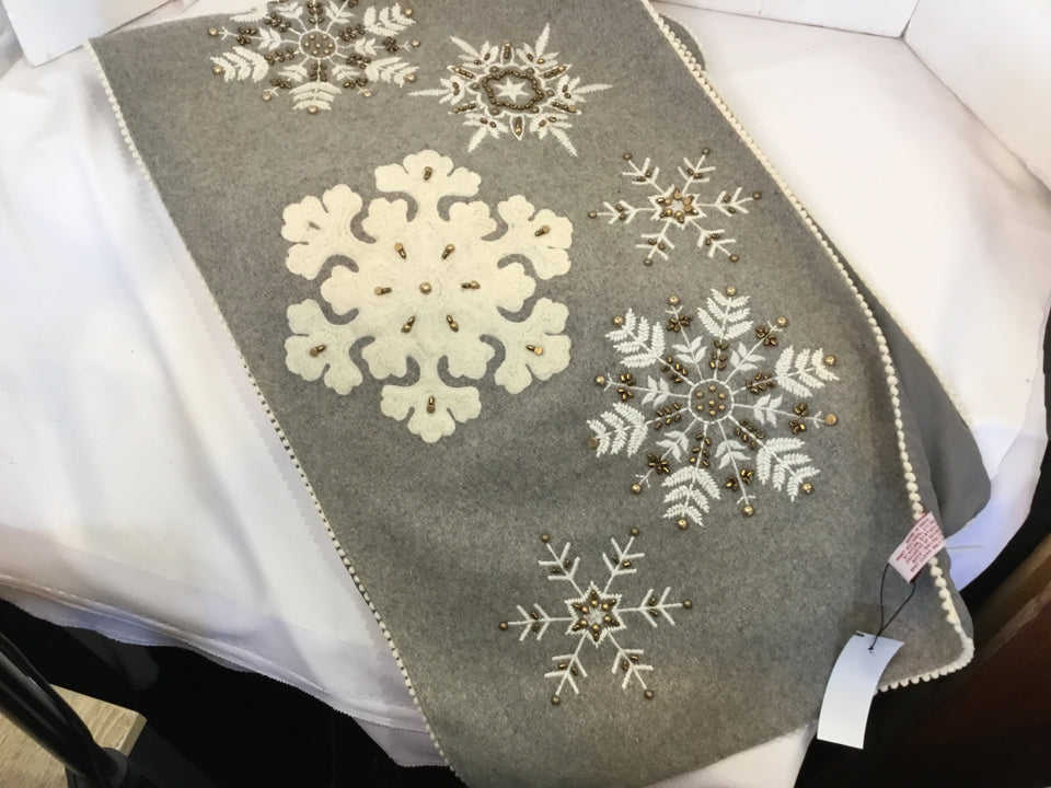 Christmas Gray/White Wool Embroidered Table runner Snowflake Holiday Item