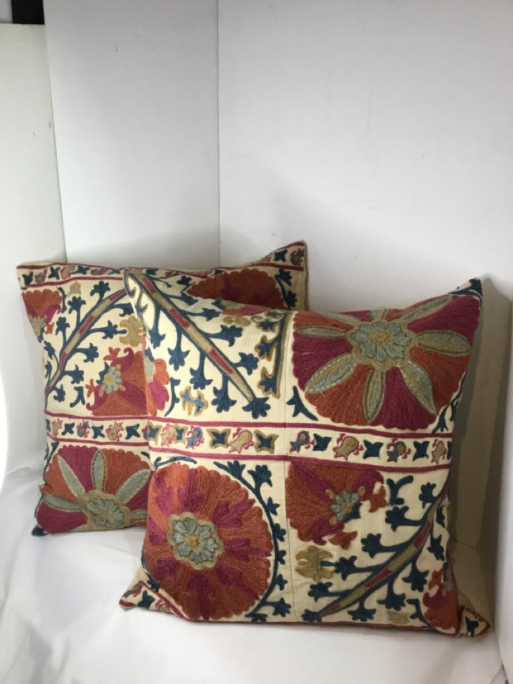 Pottery Barn Pair Multi-Color Cotton Embroidered Floral Down Filled Pillow Set