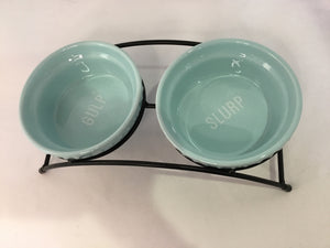 Pair Aqua/Black Ceramic/Metal Cat Dish