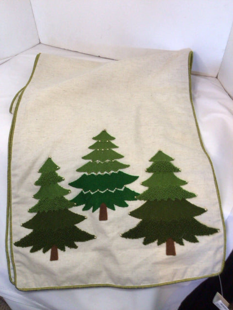 Christmas Cream/Green Cotton Table runner Trees Holiday Item