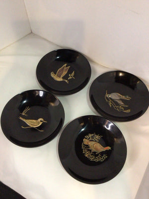 Couroc Set of 4 Black/Gold Plastic Birds Bowl Set