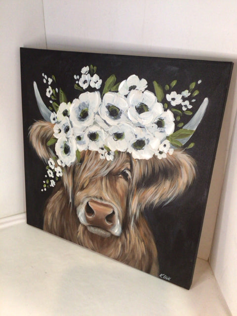 Brown/White Cow Floral Stretch Canvas Art