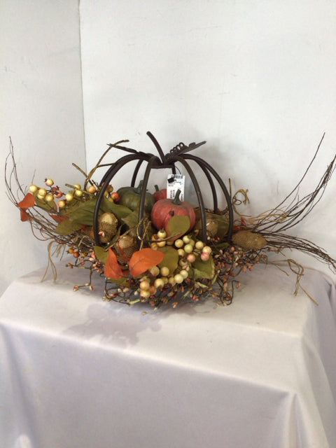 Fall Green/Orange Metal Pumpkin Leaves Centerpiece
