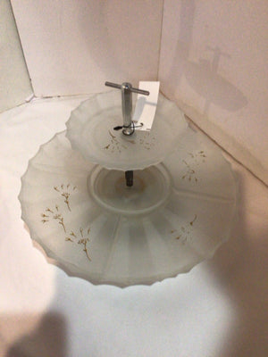 2 Tier White/Silver Frosted Glass Tray