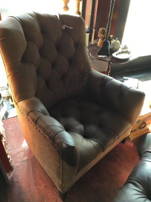 Arhaus Tufted Leather w/Ottoman Club Brown Chair