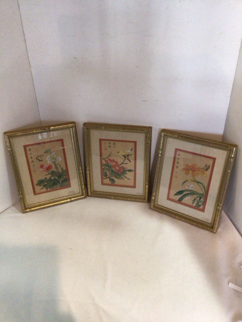 Set of 3 Gold/Pastel Oriental Framed Art