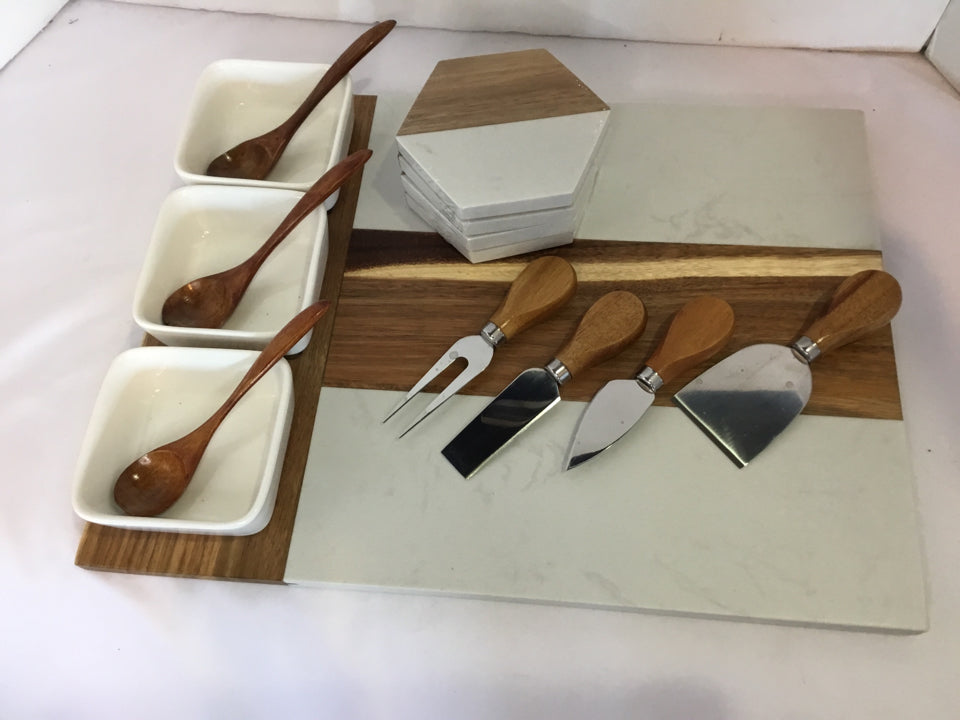 Charcuterie Brown/White Wood/Ceramic w/ Accessories Cheese Dish