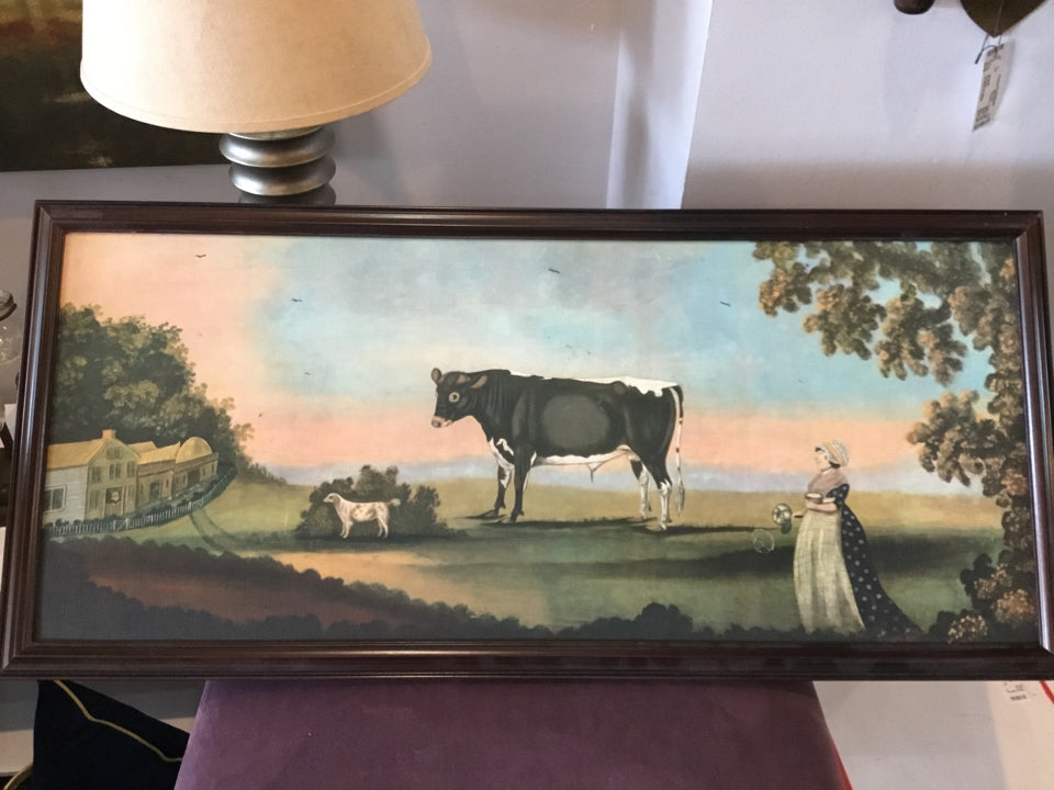 Primitive Green/Black Cow People Framed Art