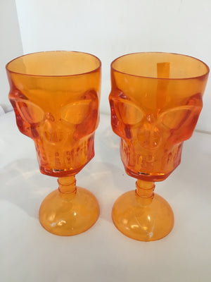 Set of 2 Orange Plastic Skull Glasses Holiday Item