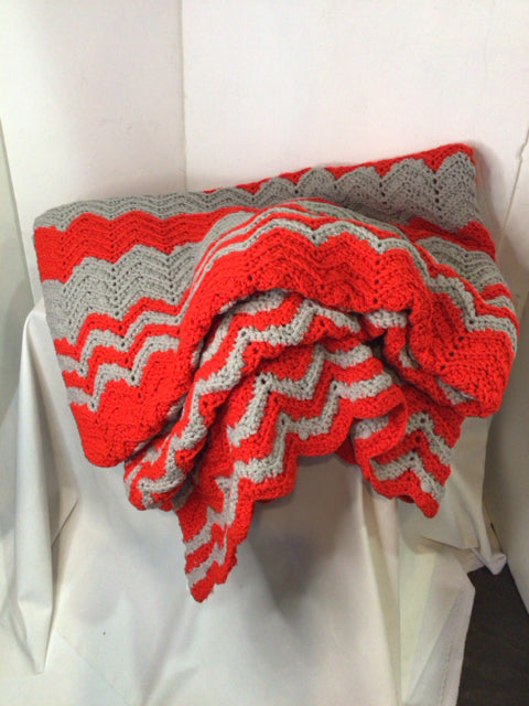 Hand Made Gray/Red Crochet Throw