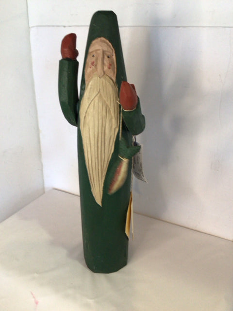 Figure Green/White Wood Santa Carved Holiday Item