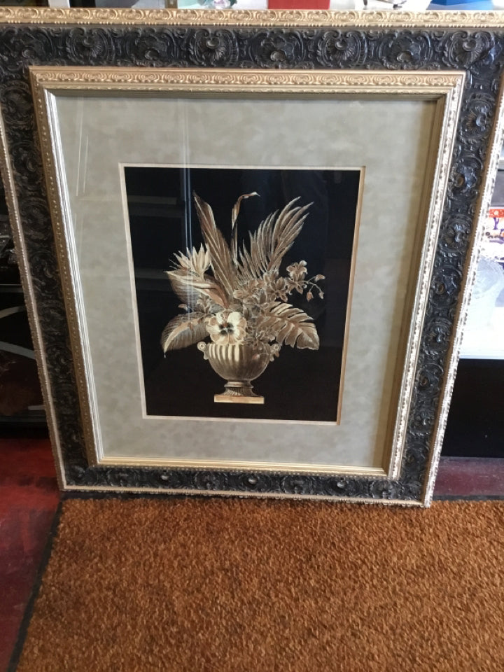 Mid Century Black/Gold Floral Urn Framed Art