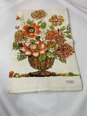 Vintage Towel Orange/Green Linen Floral Arrangement Basket Tea