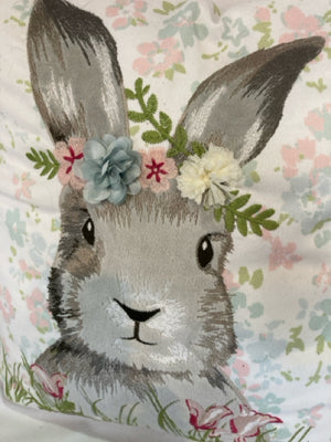 Easter Gray/Pink Cotton Down Bunny Floral Pillow