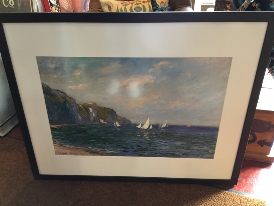 Signed Blue/White Sailboats Cliffside Framed Art