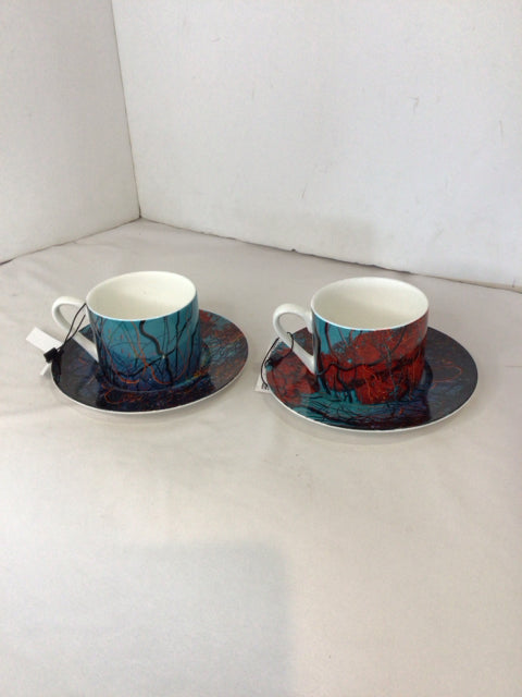 Pair Blue/Red Ceramic Cup/Saucer