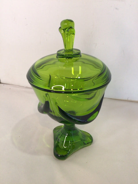 Vintage Pedestal Green Glass Lidded Candy Container