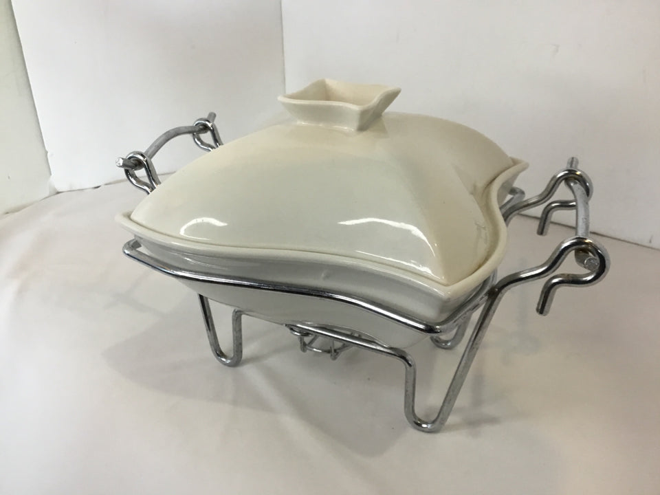 Lidded White Stoneware W/Stand Serving Dish