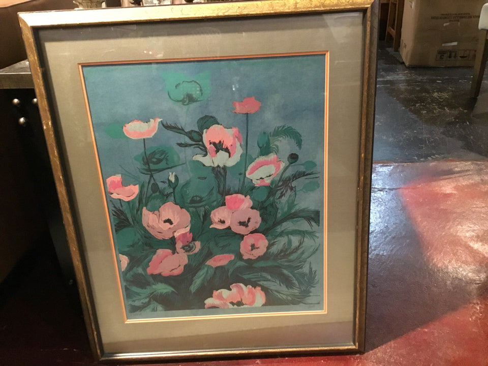 Vintage Teal/Pink Poppies Framed Art